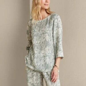Soft Surroundings Oceo Gauze Tunic Top Size Large sage Green Print Lagenlook